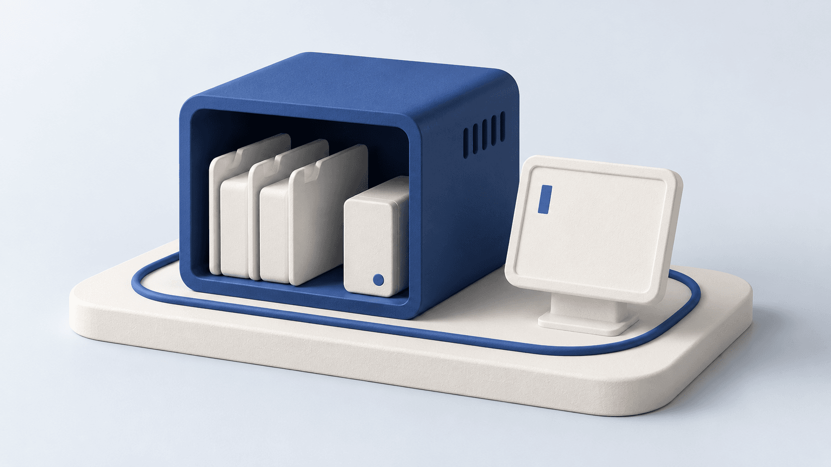Blue persistent computer holding files beside a terminal